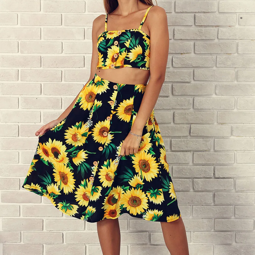 

FeiTong Sexy off shoulder summer dress women Sunflower bow tie up midi dress Boho beach two-piece dress female 2019 vestidos
