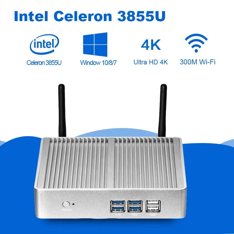 

Fanless Mini PC Intel Celeron 3855U Porcessor 4K UHD Windows 10 Dual Core HDMI VGA Wireless WiFi Ultra Compact Box PC Minipc