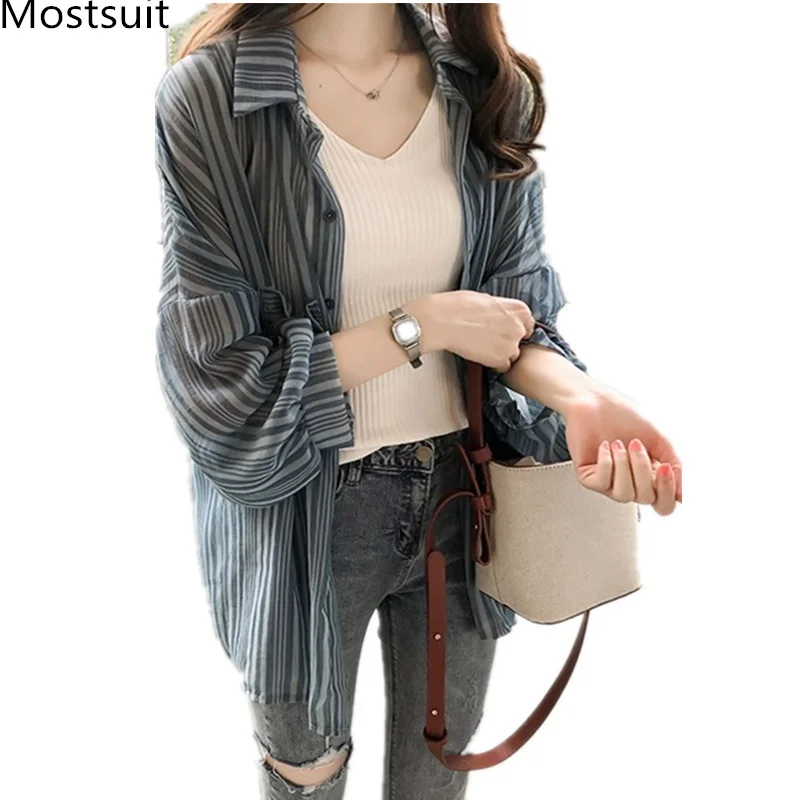 

M-4xl Chiffon Striped Kimono Blouses Women Plus Size Spring Summer Lantern Sleeve Cardigan Shirts Casual Korean Sunscreen Blusas