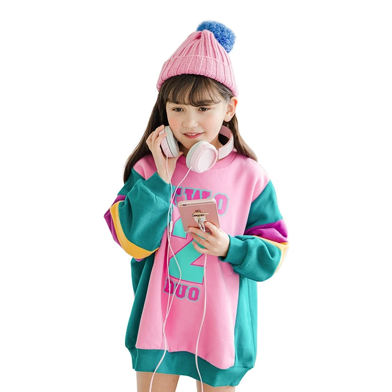 

Autumn Children's Sweatshirts For Girls Sweatshirts Winter Thicken Velvet Tops Colorful Patchwork Letter Pullovers Kids Clothes