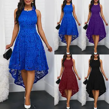 Floral Lace Women Solid Color Sleeveless Irregular Hem Formal Party Dress women's dresses elegant short summer nuevo sexy ves burgundy sexy off shoulder irregular hem dress