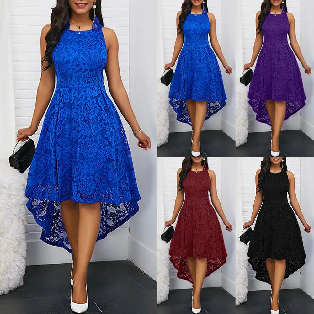 

Floral Lace Women Solid Color Sleeveless Irregular Hem Formal Party Midi Dress