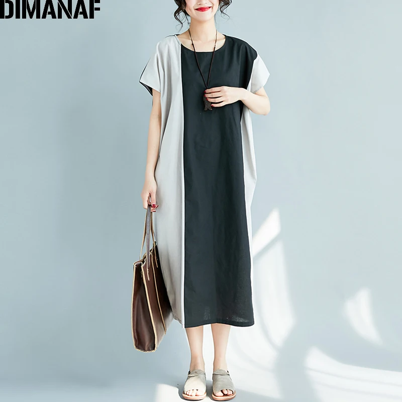 

DIMANAF Women Summer Dress Plus Size Femme Casual Batwing Vestidos Large Clothing Linen Thin Panelled Spliced Long Dresses 2018