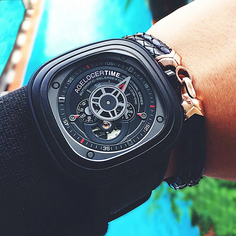 

Agelocer Cool Hollow Automatic Mechanical Watches Men Luxury Brand Genuine Leather Casual Black Skeleton Watch Clock relogio