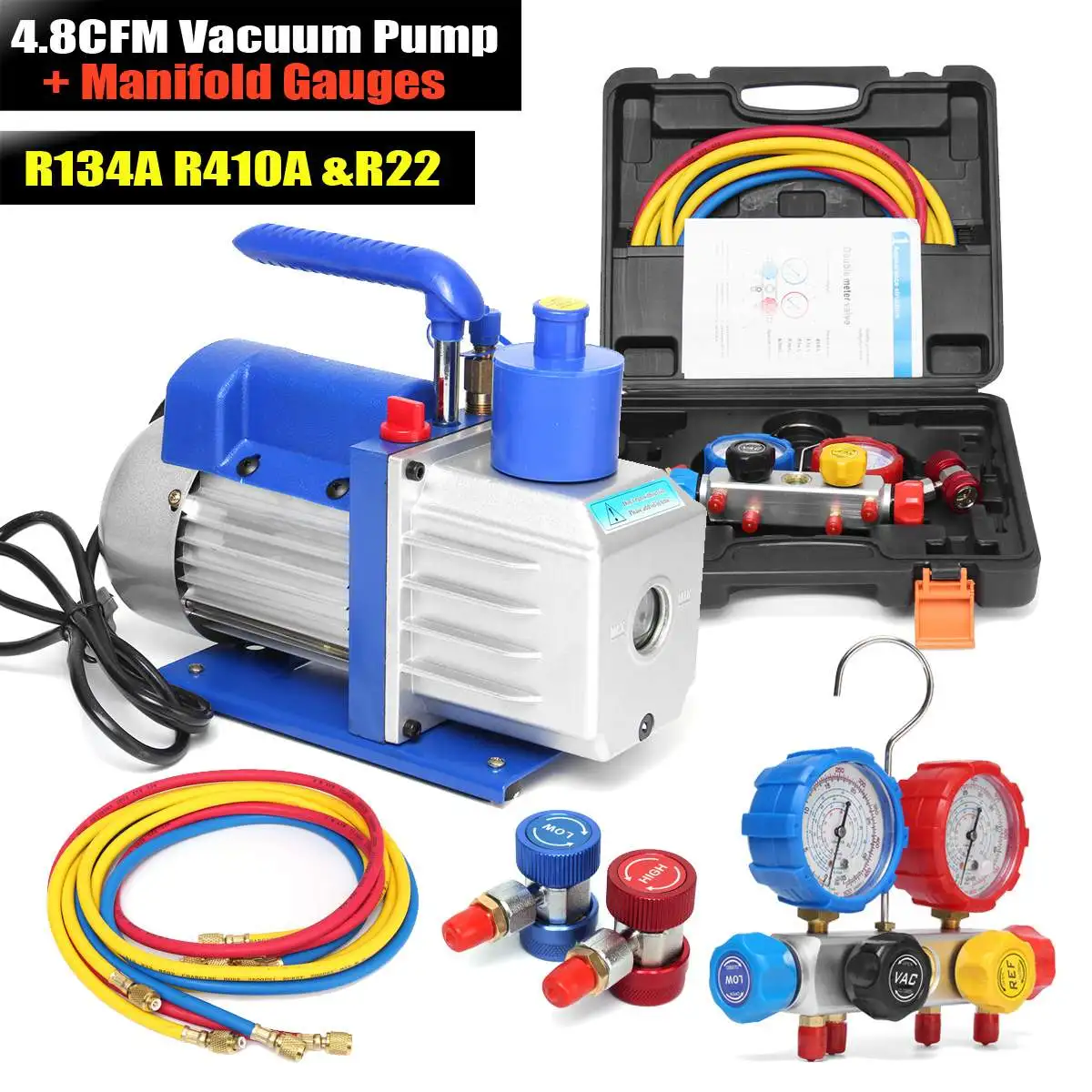 

4.8CFM Vacuum Pump R134A R22 R410A HVA/C Refrigerant W/4VALVE MANIFOLD GAUGE Pumps Parts Mini Vacuum Pump For Air Conditioning