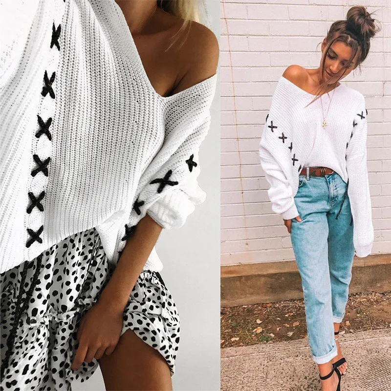 

Autumn Winter Women's Long Sleeve Sexy V Neck Off Shoulder Cross Strap White Thick Sweaters Casual Loose Knitted Pullover Female