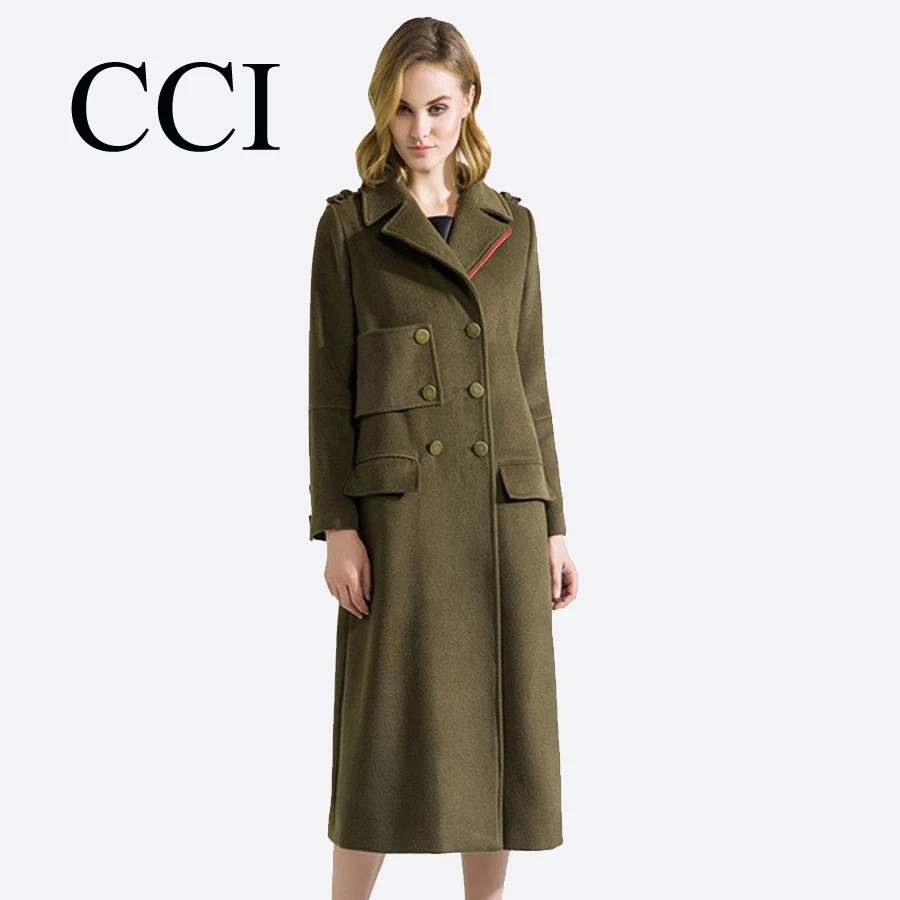 CCI Europen Women Woolen Coats Army Green Outwear Loose Overcoat