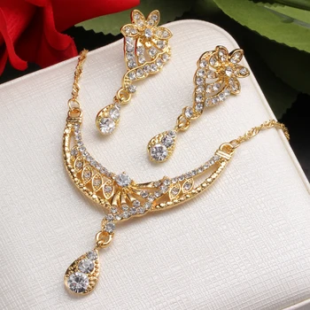 

Classic Bridal Jewellery Sets for Women's Dresses Accessories Cubic Necklace Earrings Set Gold Color Wedding Dresses