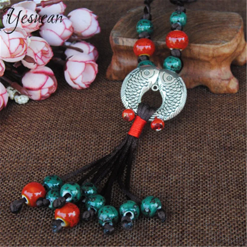 #*Cheap Yesucan Ethnic Beads Necklace Kiss fish Jewelry For man women Handmade Nepal Necklace Buddhist Long Statement Necklace Drop Shop