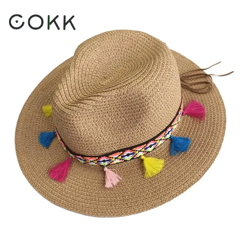 COKK, летние шляпы для женщин, соломенная шляпа с широкими полями, цветная цепочка с кисточками, Мужская Панама, Пляжная Панама, шляпа от солнца, Женская флоппи шляпа, Женская фетровая шляпа