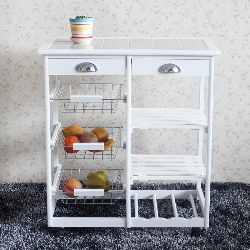 

Kitchen & Dining Room Cart 2-Drawer 3-Basket 3-Shelf Movable Storage Rack White Dropshipping