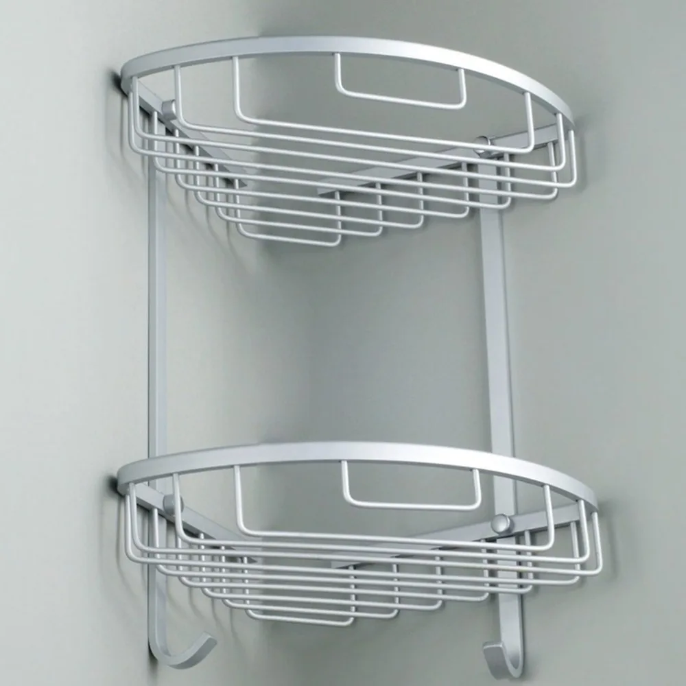 

Double Tiers Shower Basket Bathroom Corner Shelf Aluminum Storage Rack Organizer Holder with Towel Hook