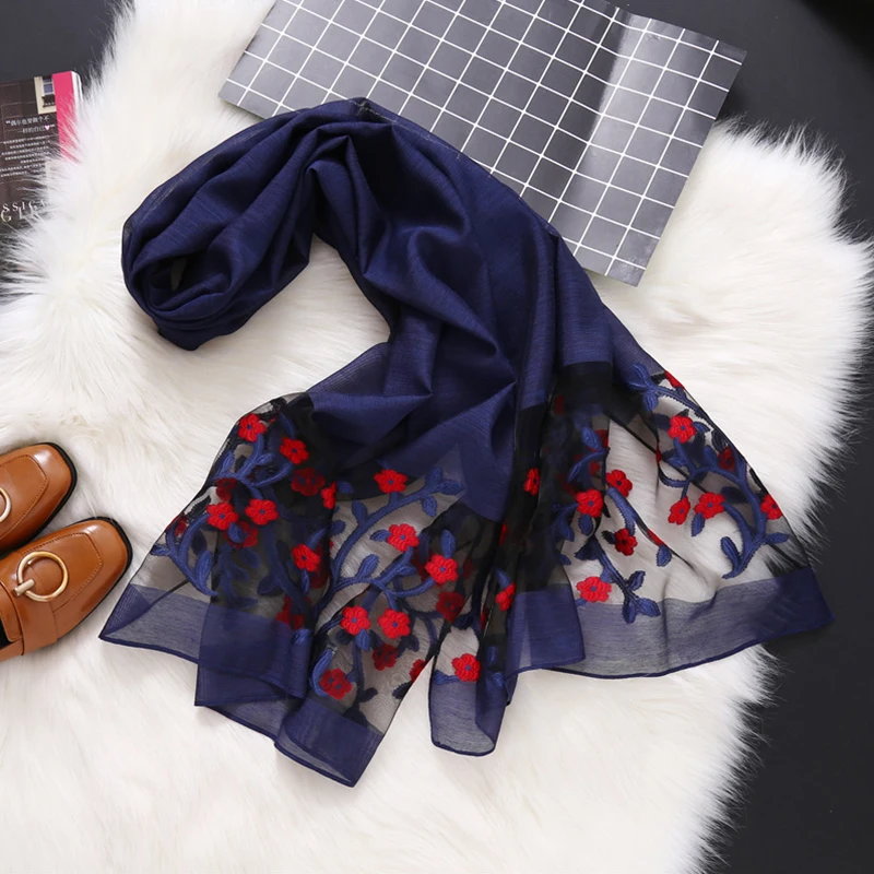 

2019 Spring Women Silk Organza Scarf Plain Floral Elegant Ladies Embroider Lace Long Scarves Shawls Wrap