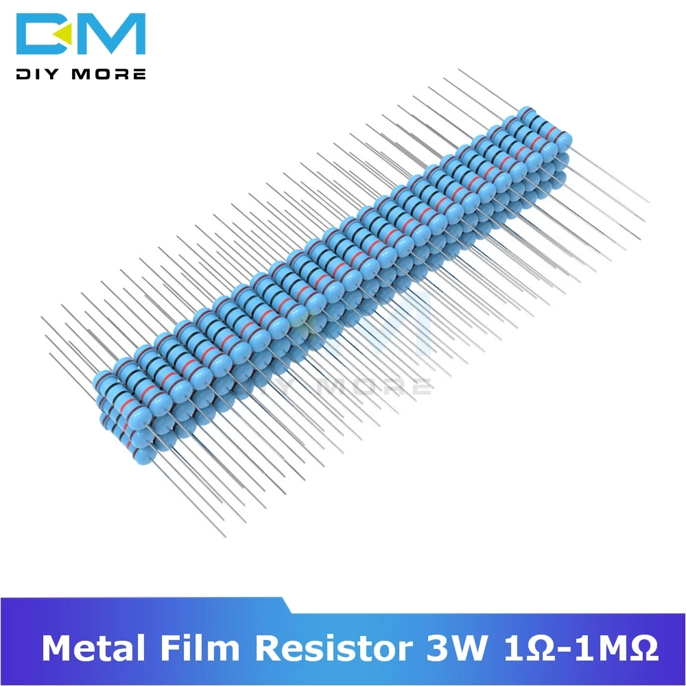 100 шт. металлического пленочного резистора 3W 1R-1M Ohm Сопротивление 1R 2.2R 4.7R 5.1R 10R 20R 22R 47R 1%+ 1%-1% Diy Электронный резистор