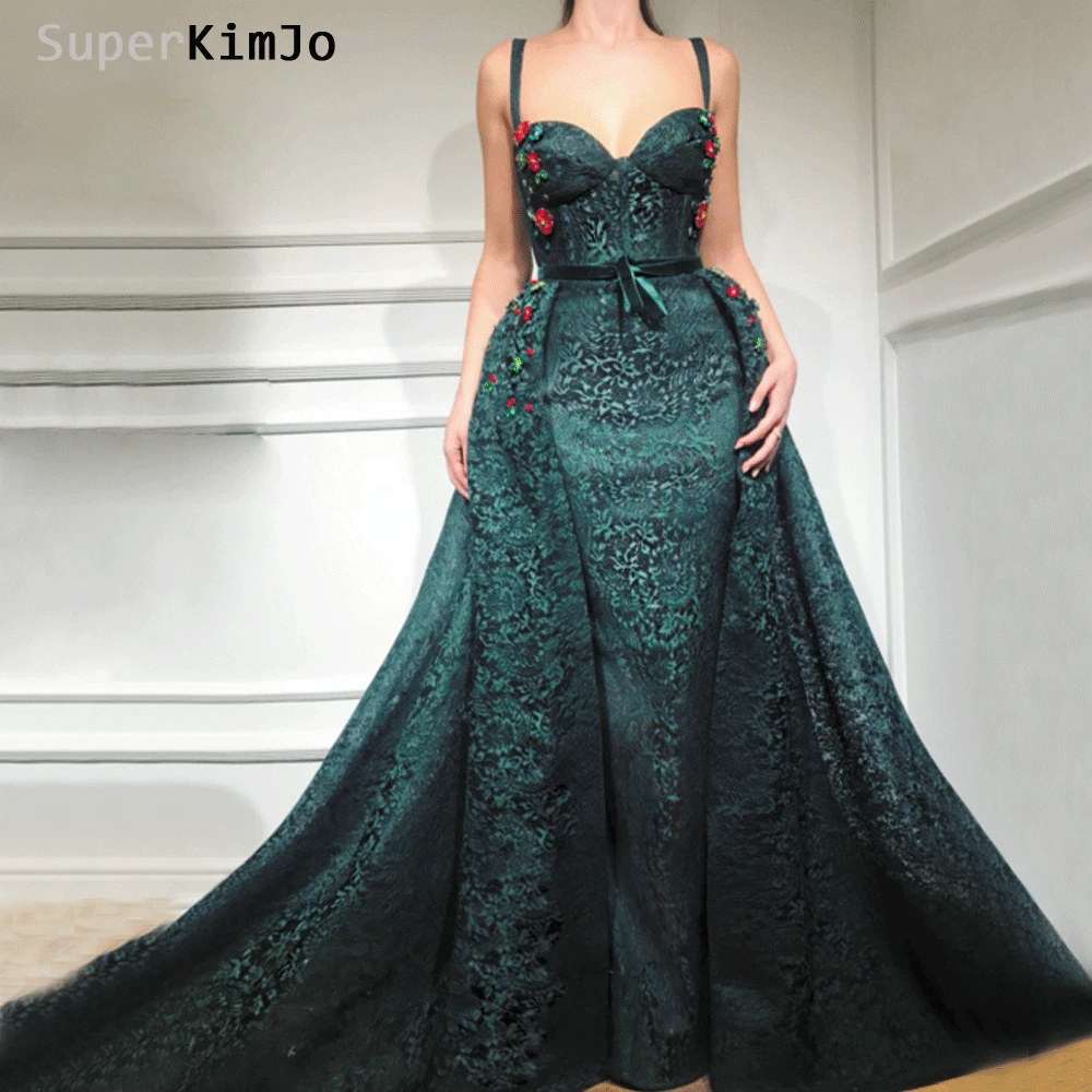 

SuperKimJo Detachable Skirt Lace Evening Dresses 2019 Vestido De Festa Hunter Green Elegant Arabic Evening Gown Robe De Soiree