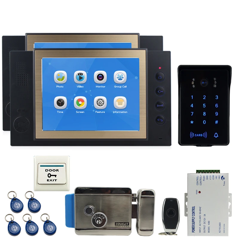

JEX 8`` Video Door Phone Intercom system Kit 2 Voice/Video Record Black Monitor +Waterproof Password Keypad RFID Camera +E-LOCK