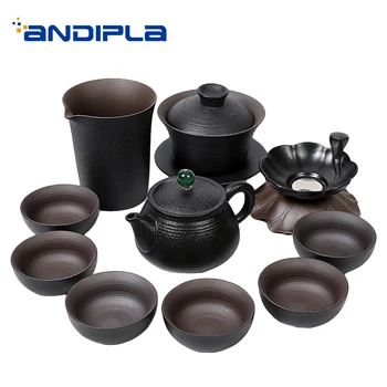 

Vintage Teaware Set Black Pottery Purple Clay Teacups Teapot Gaiwan Fair Cup Tea Strainer Drinkware Tea Ceremony Supplies Decor