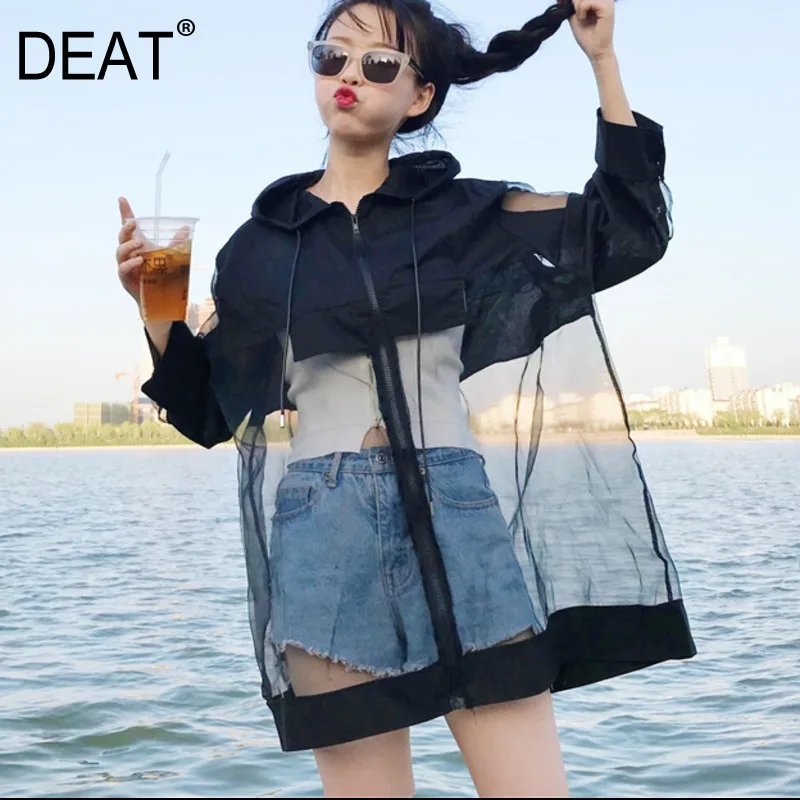 [DEAT] весна лето узор Cardiagn с капюшоном Лоскутная Сетка подол три четверти рукав тонкая дамская мода пальто BA420