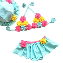 Милый и милый цветочный раздельный купальник-бикини из трех предметов для маленьких девочек с шапочкой, синий/розовый