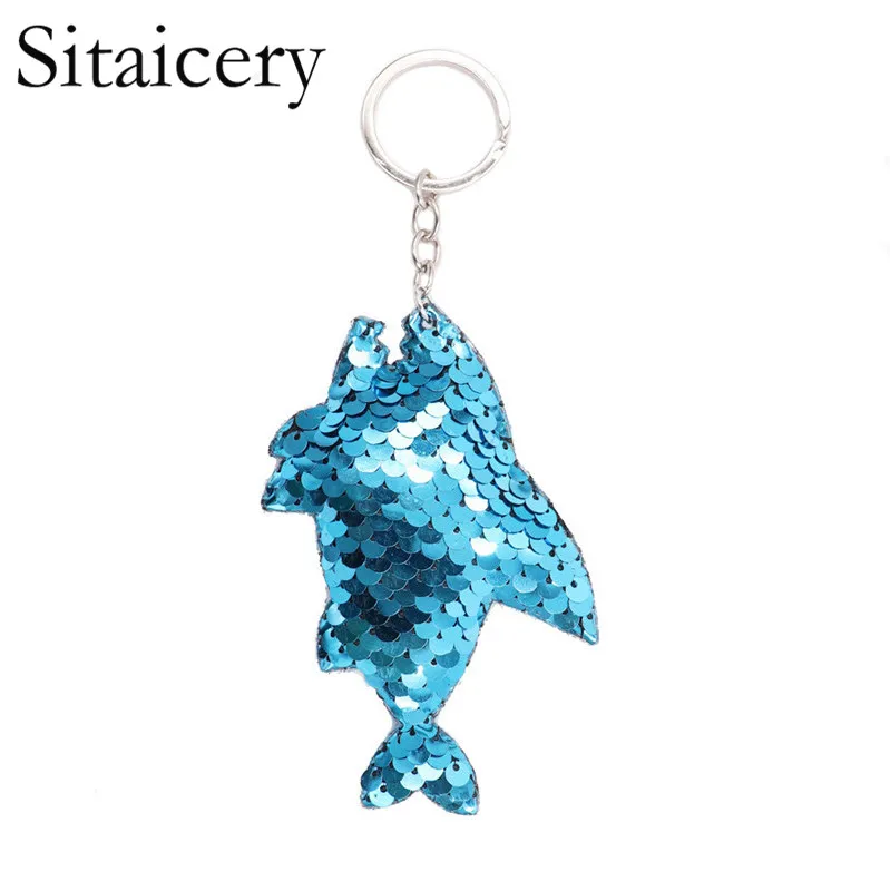

Sitaicery Blue Fish Keychain Charm Glitter Sequins Bag Pendant Car Styling Key Rings Anime Keychains For Women Gifts Accessory