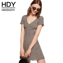 HDY Haoduoyi Милое повседневное женское платье в клетку Мини-платье с v-образным вырезом трапециевидной формы с коротким рукавом клетчатый принт Элегантная повседневная одежда для женщин