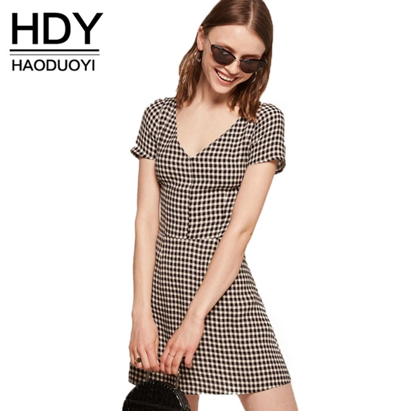 

HDY Haoduoyi Fashion Women Mini Dress Preppy Look V Neck Plaid Checks V-neck A Line Flare Dress Vestidos Female Summer Dresses