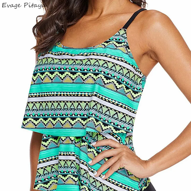 

Evage pitaya 2019 new swim suit women swimwear 2019 new mature Conservative Bandage hollow out ruffles printing fat swimwear