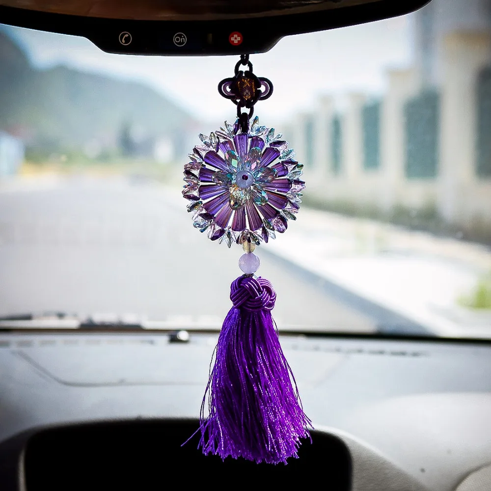 H& D цветок фиолетового пиона хрустальный стеклянный автомобильный подвесной кулон с кисточкой и узлом Автомобильное зеркало заднего вида орнамент подвесной Декор ремесла