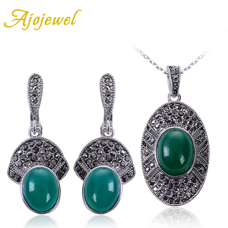 

Ajojewel Black And Green Jewelry Sets For Women Designer CZ Resin Stone Earrings Necklace Set