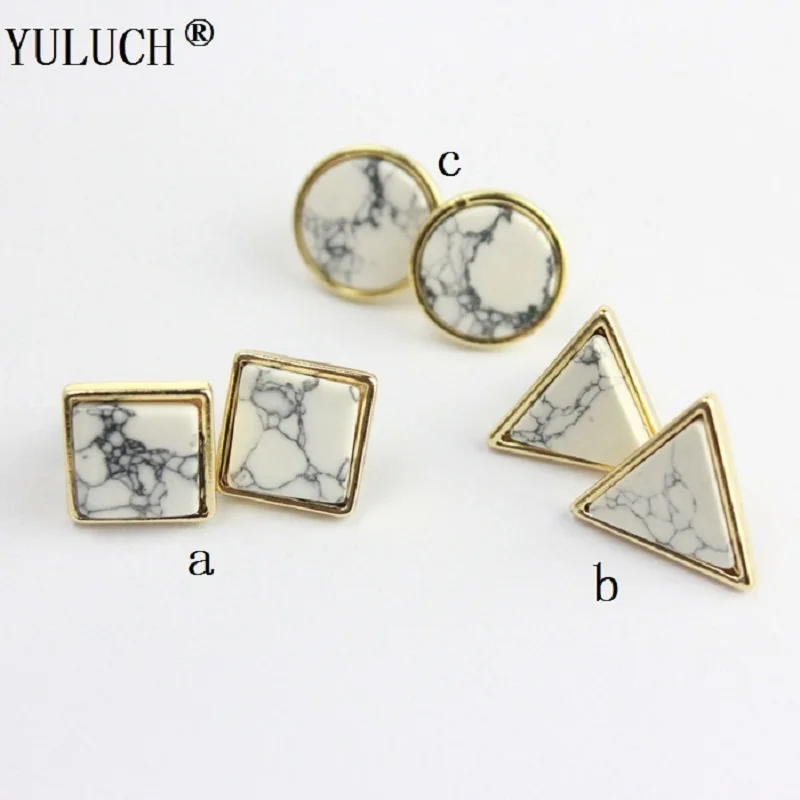 

New Style Geometric Round Triangular Square Texture Semi-Precious Stones Stud Earrings Planting Silver Stud Earrings For Woman