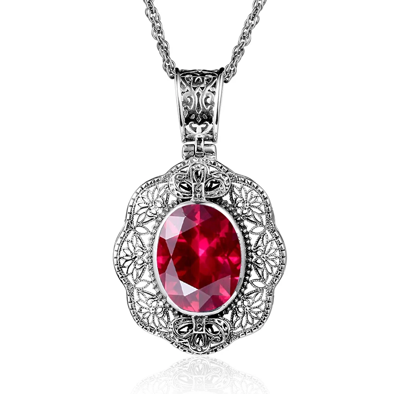 

Fashion 100% 925 Sterling Silver Rose Flower Pendant Luxury Oval Ruby Necklaces Women Authentic Silver Fine Jewelry Wholesale