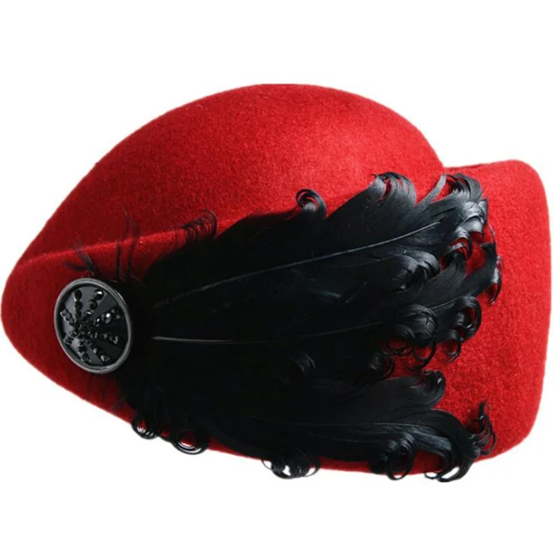 

Women Elegant 100% Wool Feather Bow Airline Stewardess Hat Women's Fedora Caps Formal Lady Hat Royal Style DomeChapeu H5