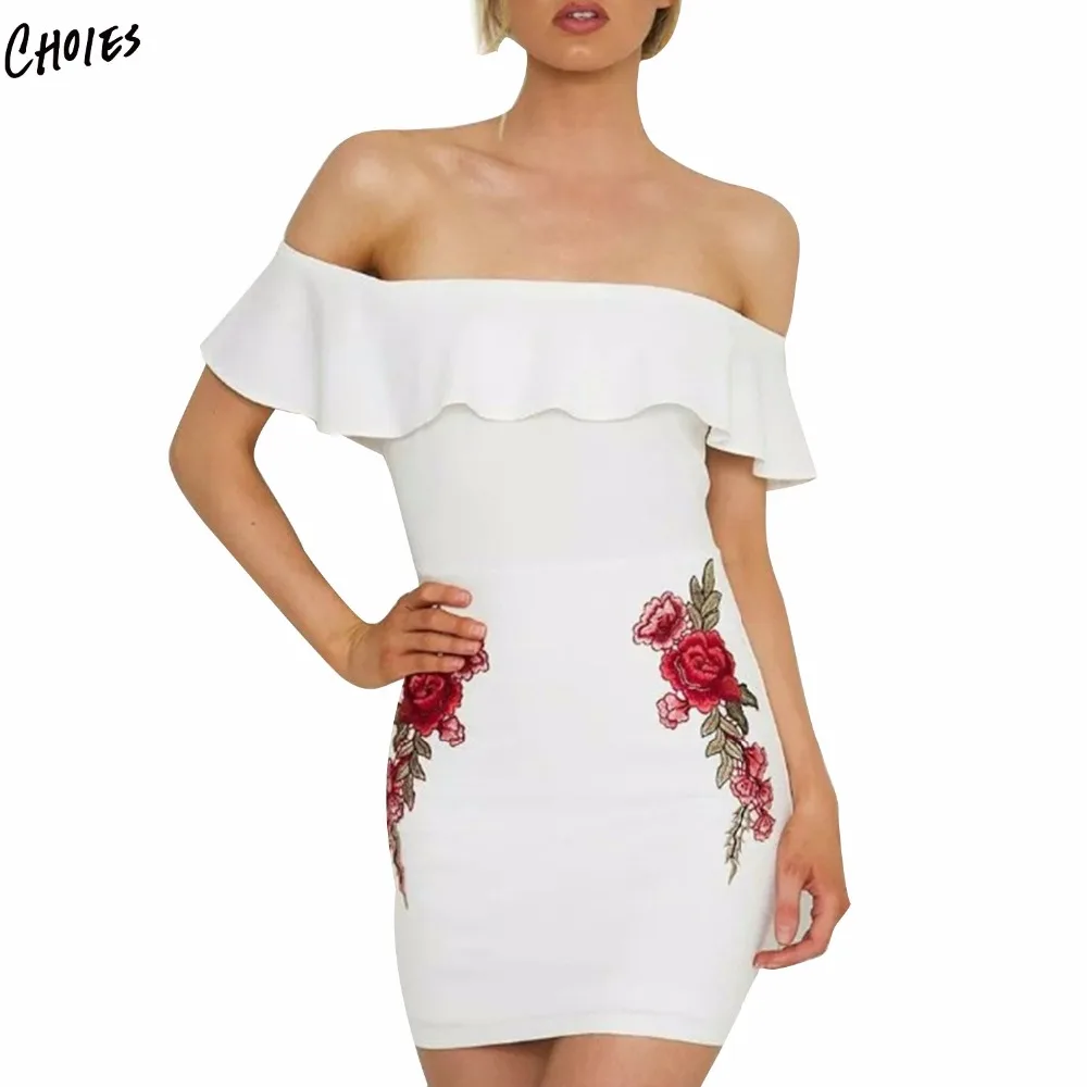 

Black White Off Shoulder Ruffle Trim Floral Embroidery Mini Dress Women Slash Neck High Street 2018 Spring Summer Dress Vestidos