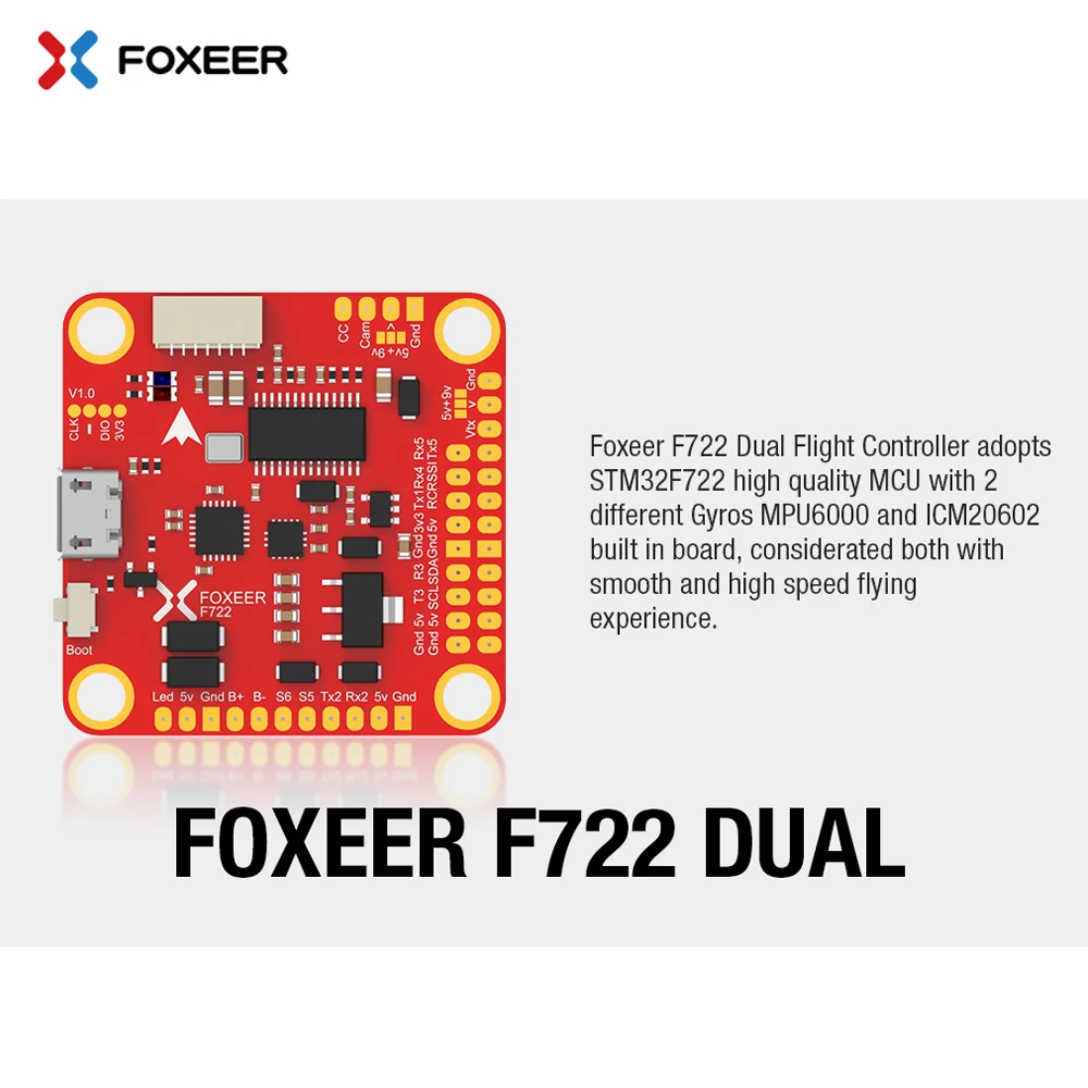 

Foxeer F722 AIO STM32F722RGT6 F722DUAL Flight Controller Built-in Dual gyroscopes MPU6000 and ICM20602 OSD 3-6S For Racing Drone
