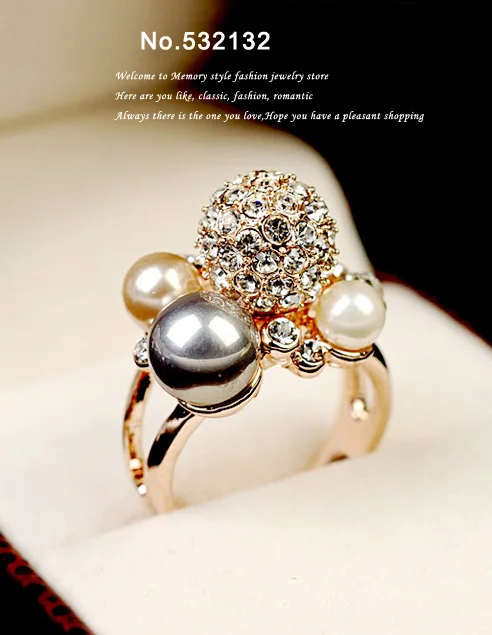 

Vintage Exaggerated Black simulated Pearl Decorate Ring Full Crystals Ball Rose Gold Color Women Evening Party Statement Jewelry