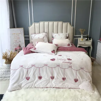

Luxury Princess Style Love Embroidery Flannel White Red Girl Bedding set Fleece Fabric Duvet Cover Bed sheet/Linen Pillowcases