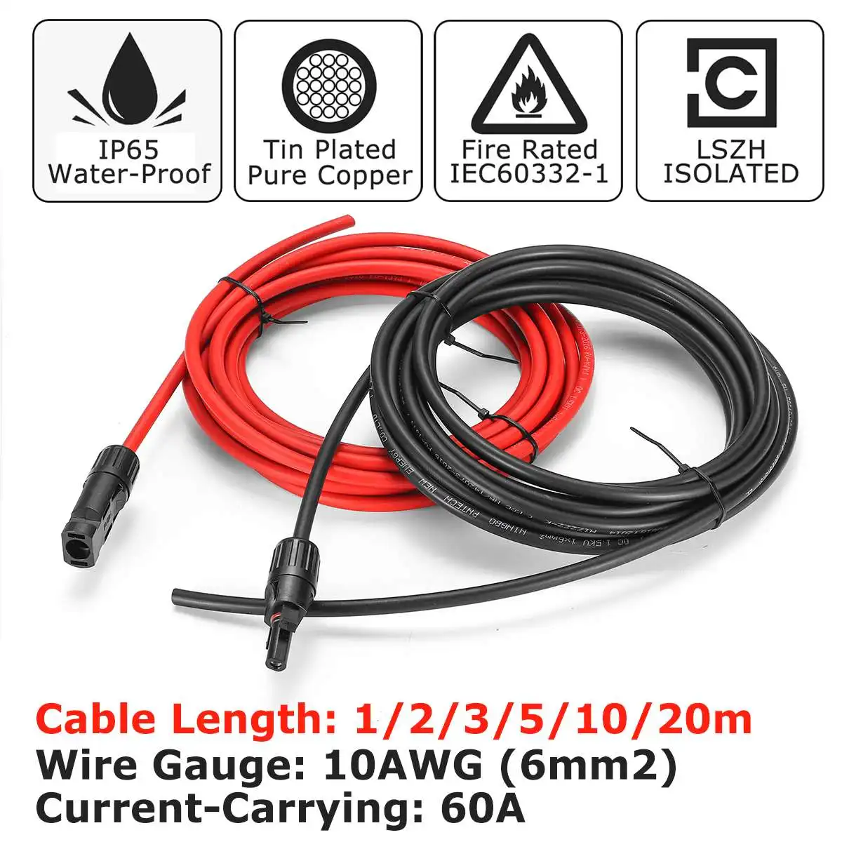 

KINCO 1 Pair Solar Panel Extension Cable Copper Wire Black and Red with MC4 Connector Solar PV Cable 6mm 10AWG