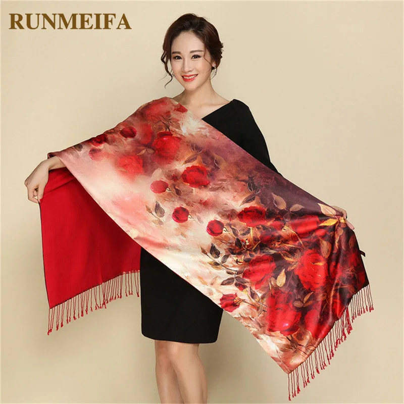 Luxuy Winter Warm Flower Print Silk Scarves Double Sides Cashmere Wool Pashmina Tippet Shawls and Wraps Elegant Female Foulard
