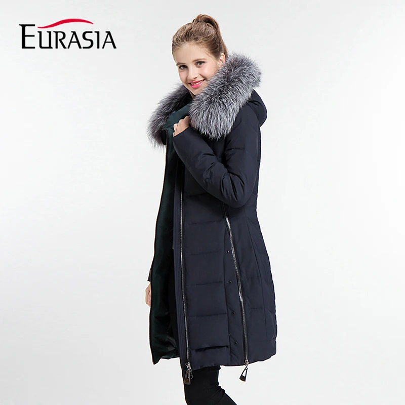 

EURASIA Brand 2018 New Winter Coat Full Solid Women Jacket Hood Design Warm Cotton Thick Parka Real Fur Collar Outerwear Y170017