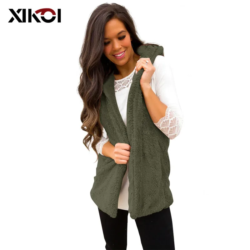 

XIKOI Winter Women Casual Hoodies Solid Stand Collar Faux Fur Outwear Sleeveless Sweatshirt Women Warm Fleece Zip-up Hooded Coat