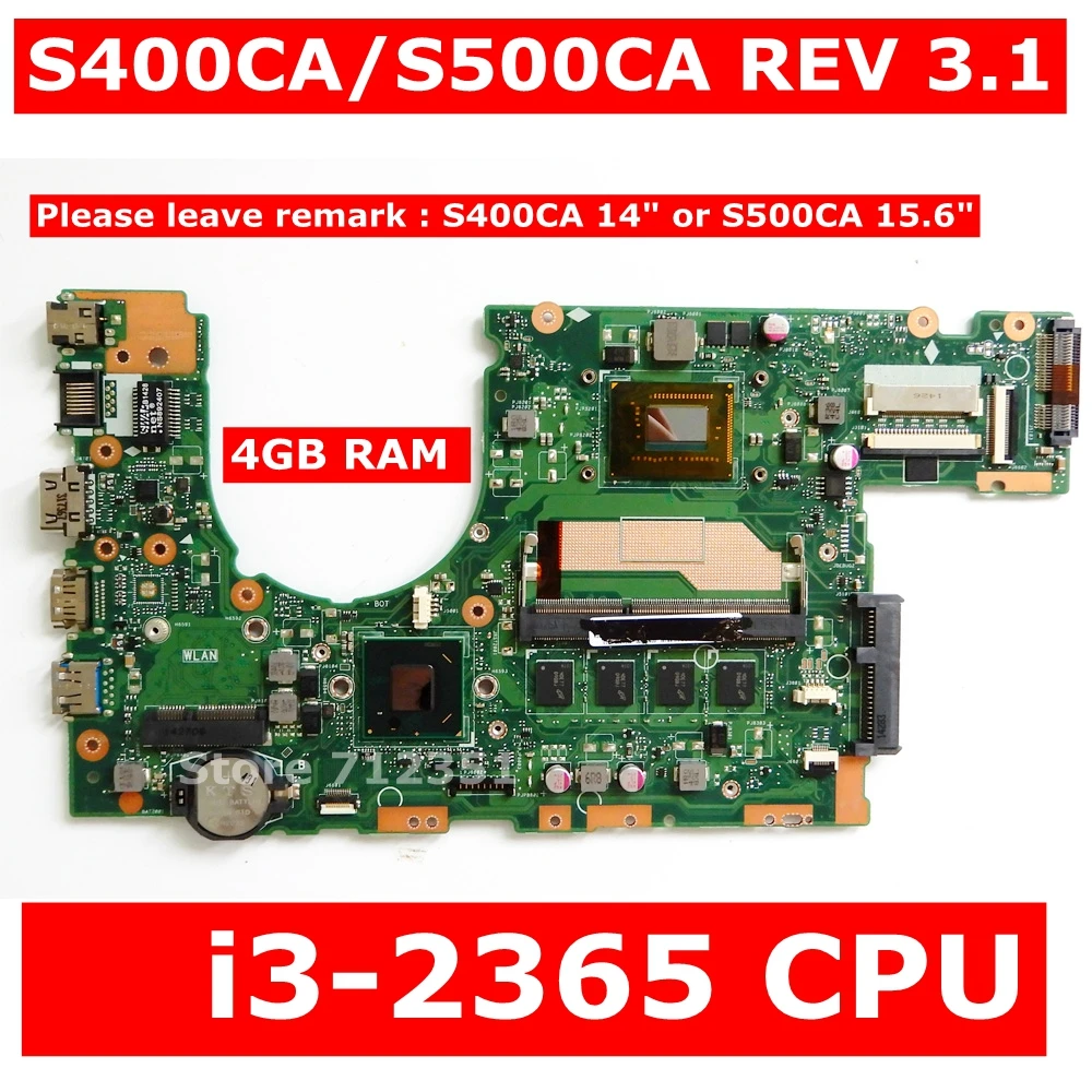  S400CA i3-2365M CPU 4GB Mainboard For ASUS S400CA S500CA laptop Motherboard S400CA Mainboard S400CA