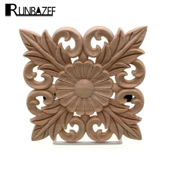 

RUNBAZEF Vintage Pattern Carved Onlay Applique Home Decoration Accessories Decor Solid Wood Engraved Square Decorative Flowers