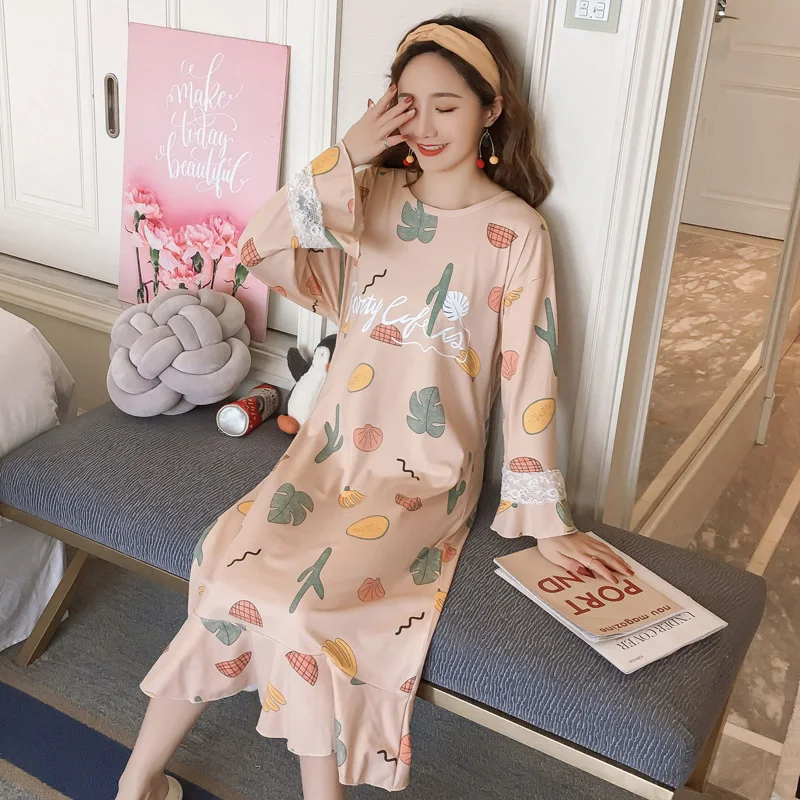 

2019 Good Quality Spring Summer Women Nightgown Home Wear Lovely Nightgowns for Women Girl Sleepwear Nightgown Send Hair Band
