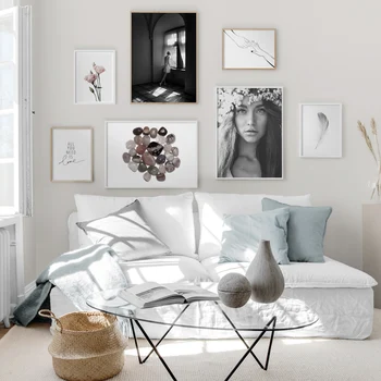 

Black White Feather Girl Flower Landscape Nordic Posters And Prints Wall Art Canvas Painting Wall Pictures For Living Room Decor