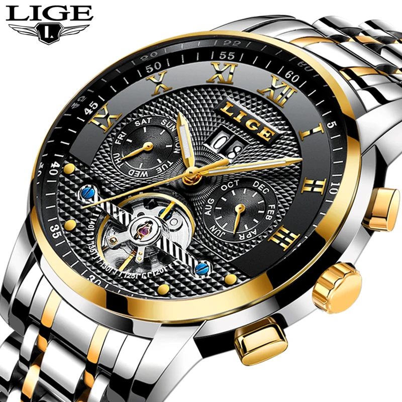 

LIGE 2019 New Men Watch Top Brand Luxury Business Automatic Machinery Men's Watches Full Steel Waterproof Man Clock Watchs box