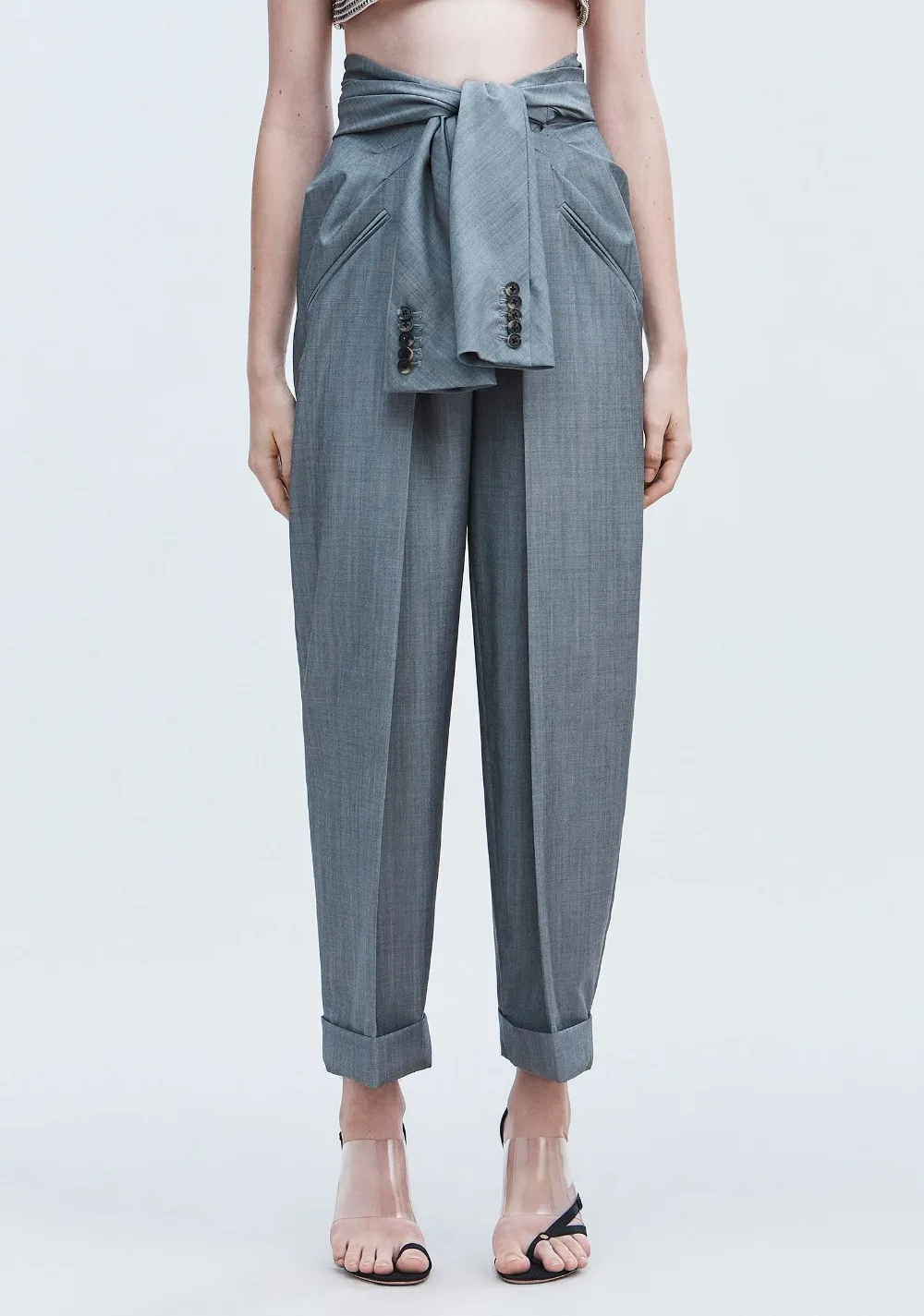 

SS2018 Spring Women Brand Runway Tie-front Tie Waist Hits at high ankle Tapered Trousers carrot pants