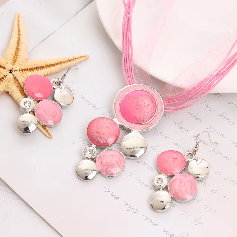 

BS1981 2 pcs/Lot Silver Plated Romantic Pink Gradient Texture Enamel Jewelry Sets For Women Earring Necklace Jewelry Sets
