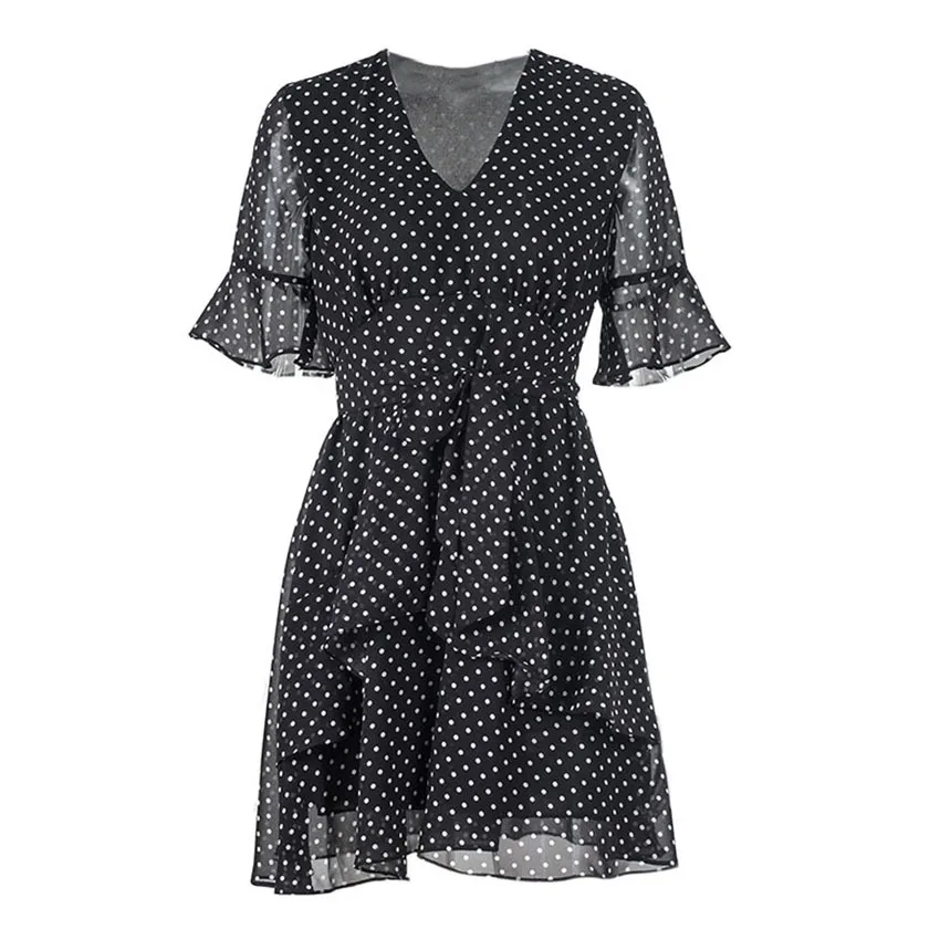 

Summer dress Women 2018 short dresses Vintage polka dot dress Ruffle V sexy cloth Vintage jurken Boho vestido black office lady