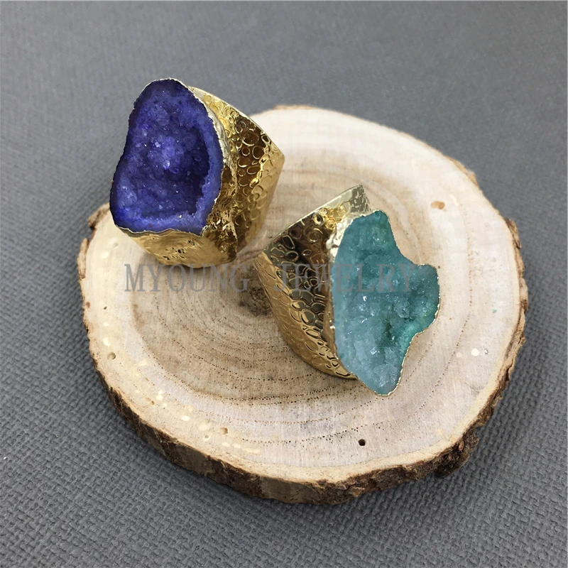 MY1040 Natural Agates Druzy Geode Rings Gold Color Base Rings (2)