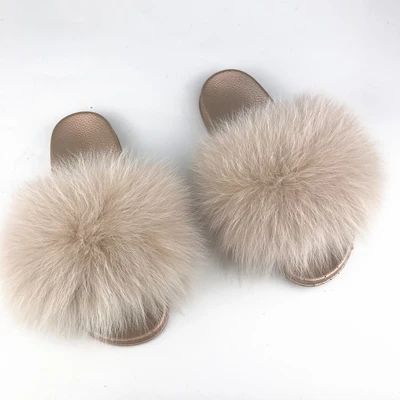 Yu Kube High Quality Plush Furry Real Fur Slippers N Ladies Real Fox Hair Slides Summer Shoes Women Plus Size Flip Flops - Color: R